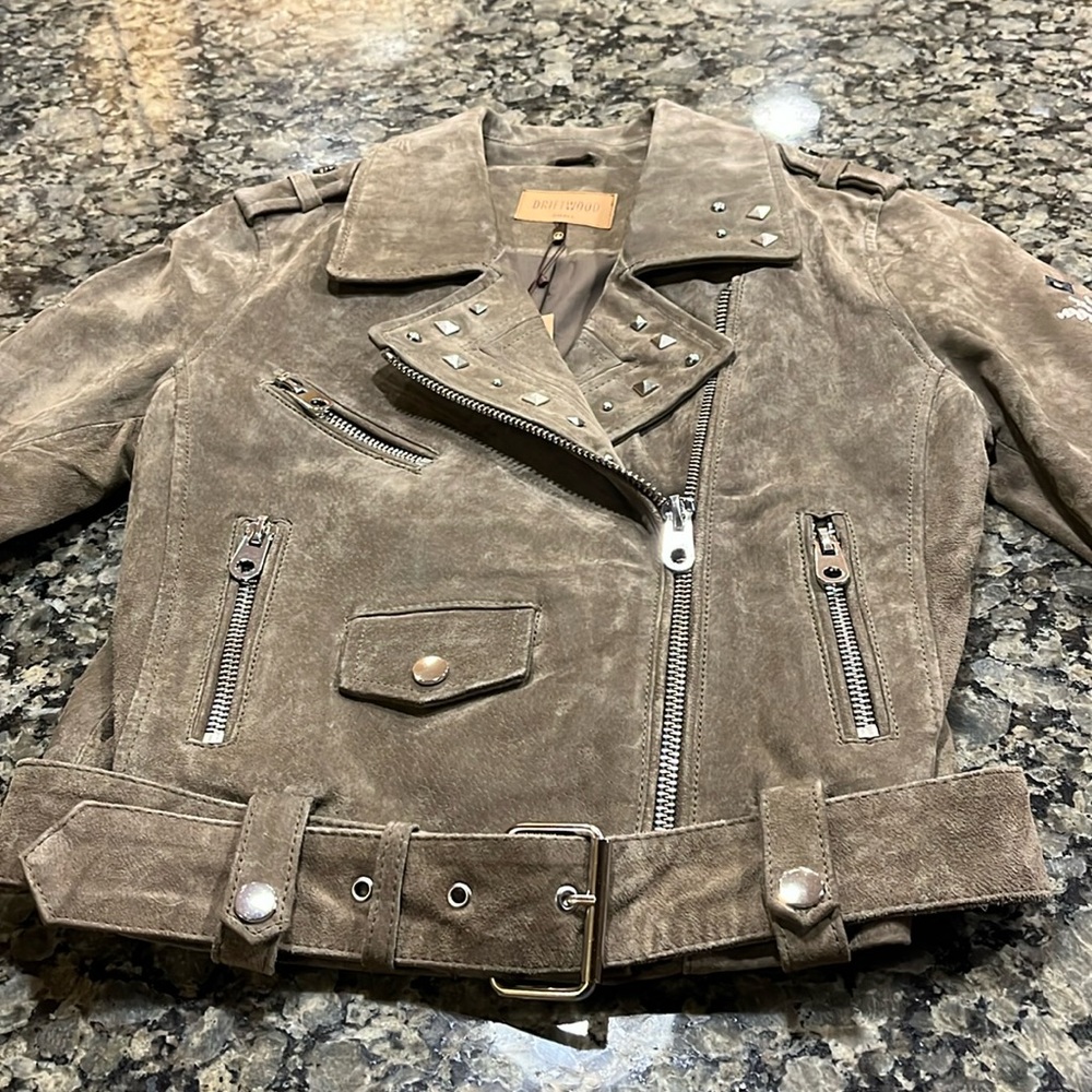 Driftwood Embroidered Olive Suede Moto Jacket S NWT